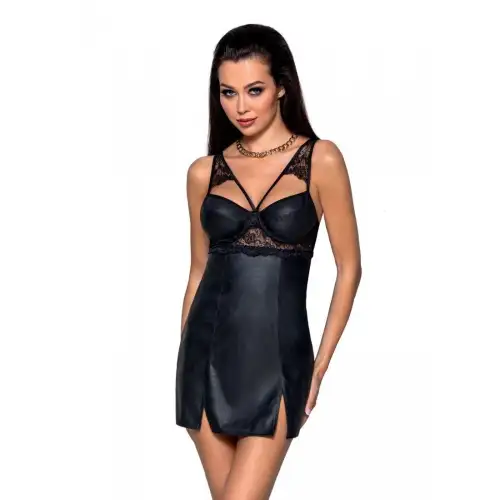 Бэби-долл из эко-кожи и кружева Loona Chemise black S/M - Passion photo 1