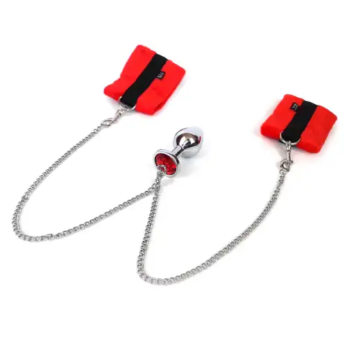 Наручники с металлической анальной пробкой Art of Sex Handcuffs with Metal Anal Plug  size M Red photo 1
