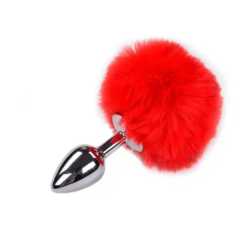 Металлическая анальная пробка Кроличий хвостик Alive Fluffy Plug S Red, диаметр 2,8 см photo 1