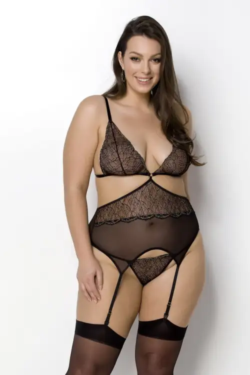 Корсет с пажами Passion Amberly Corset 4XL/5XL black, ассиметричный крой, кружева, стринги photo 1