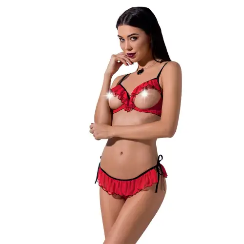 Комплект белья CHERRY SET OpenBra red XXL/XXXL - Passion Exclusive: открытый лиф, трусики-юбочка photo 1